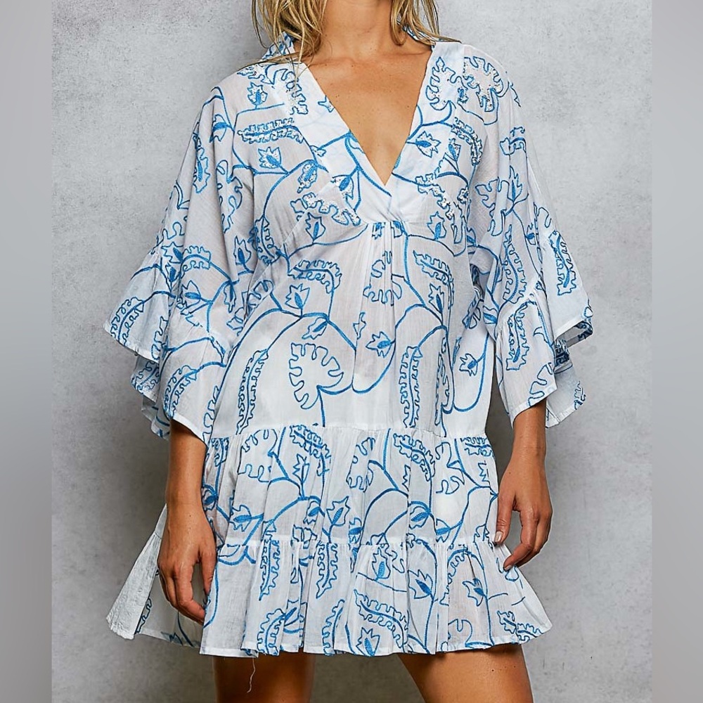 NWT POL White 100% Cotton 3/4 Sleeve Leaf Embroidered Ruffled Woven Mini Dress